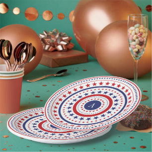 4th Of July Stars And Rings Monogram BBQ Party Paper Plate