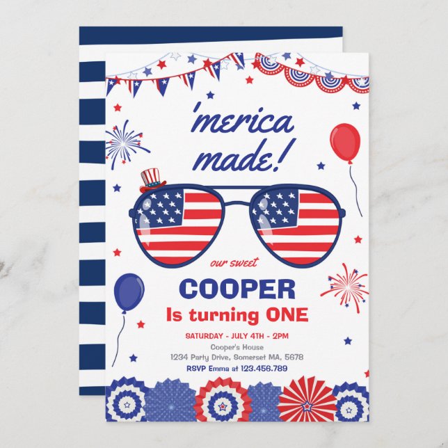 4th Of July Stars And Stripes 1st Birthday Invitation (Front/Back)