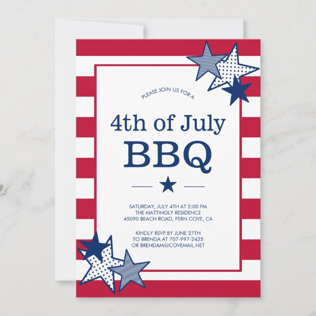 4th of July Stars and Stripes Modern Patriotic BBQ Invitation (Front)