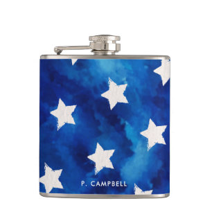 4th Of July Stars Blue Tie Dye Pattern Personalise Hip Flask