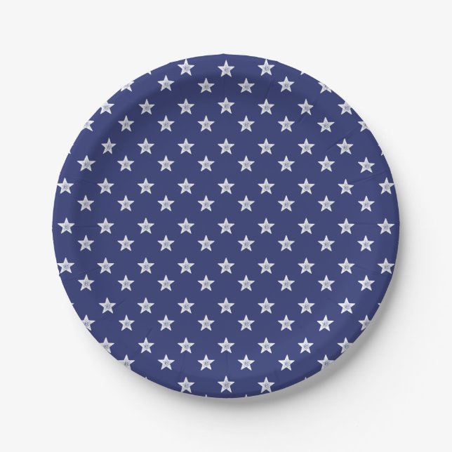 4th Of July Stars Blue White Party Paper Plates (Front)