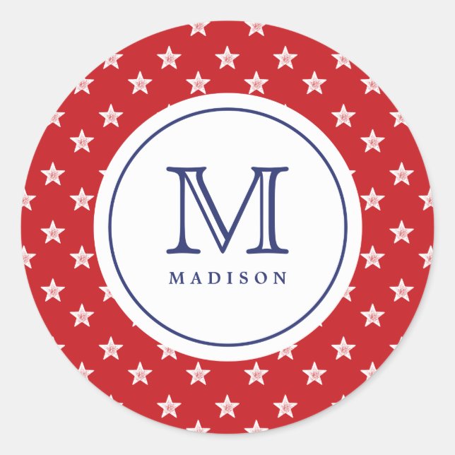 4th Of July Stars Red Blue Monogram Party Sticker (Front)