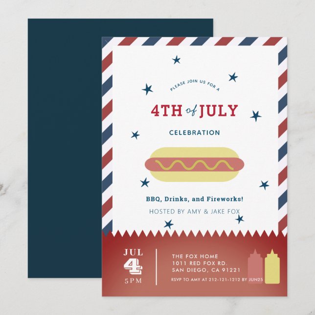 4th of July Stars & Stripes Hot Dog BBQ Invitation (Front/Back)