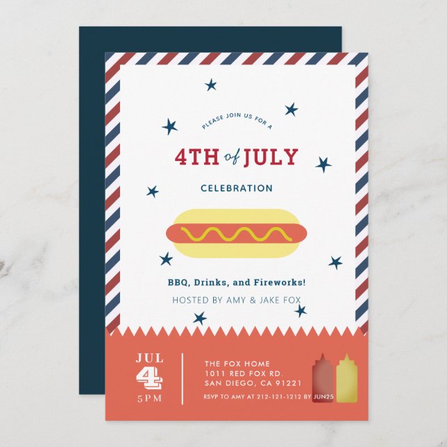 4th of July Stars & Stripes Hot Dog BBQ Invitation (Front/Back)