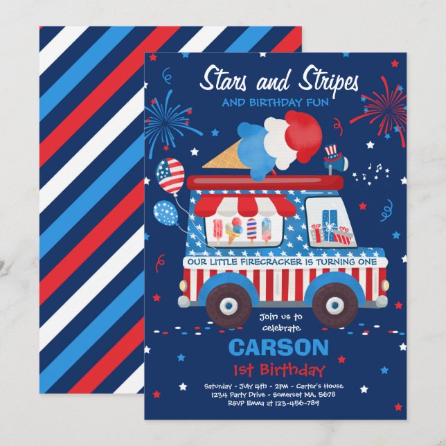 4th Of July Stars Stripes Ice Cream Truck Birthday Invitation (Front/Back)