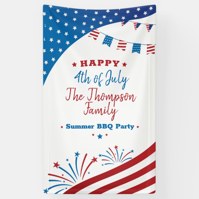4th of July Summer Party Red White Blue Custom Banner (Vertical)