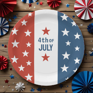 4th OF July Text Red, White & Blue with Stars Paper Plate