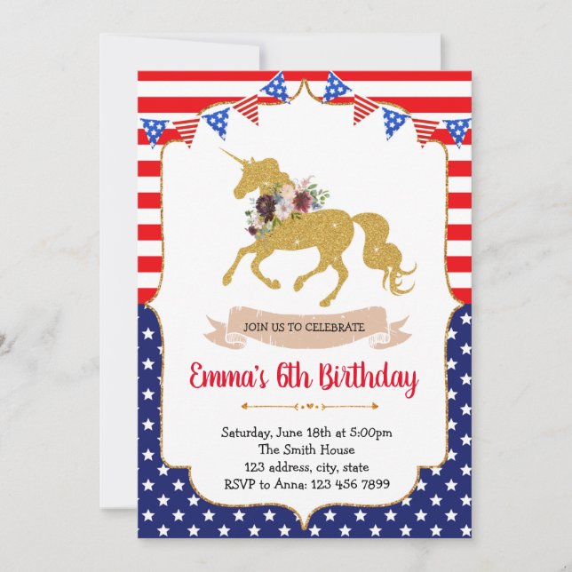 4th of July unicorn invitation (Front)