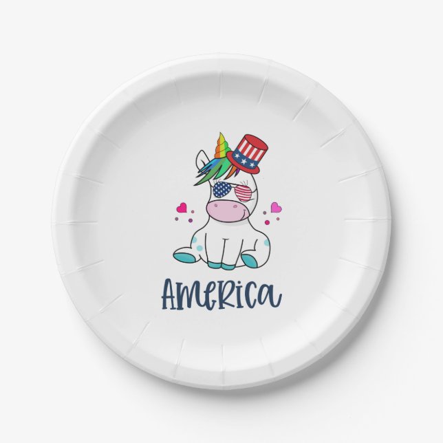4th of July Unicorn with USA Flag Sun Glasses Paper Plate (Front)