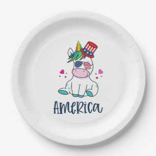 4th of July Unicorn with USA Flag Sun Glasses Paper Plate