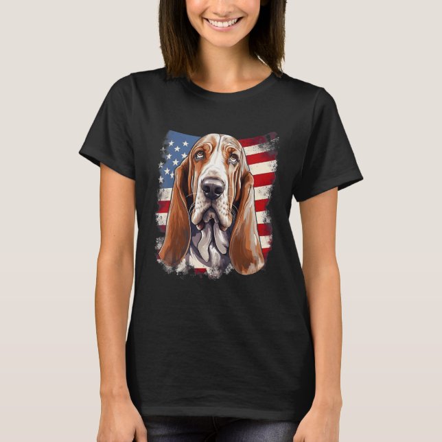 4th Of July US Flag Basset Hound Dog T-Shirt (Front)