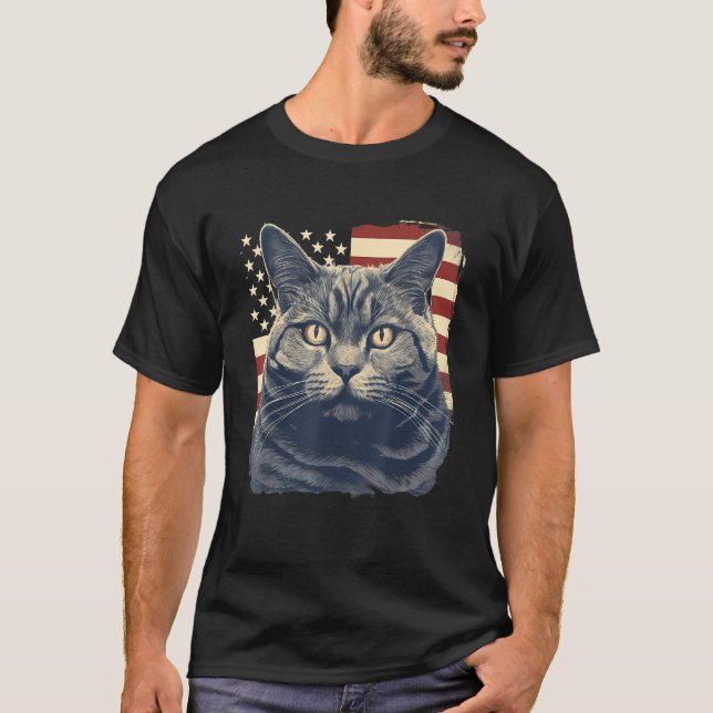4th Of July US Flag Chartreux Cat T-Shirt (Front)