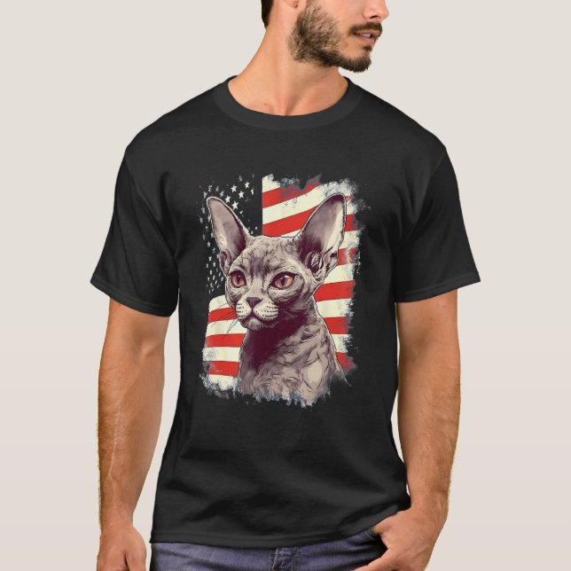 4th Of July US Flag Devon Rex Cat T-Shirt (Front)