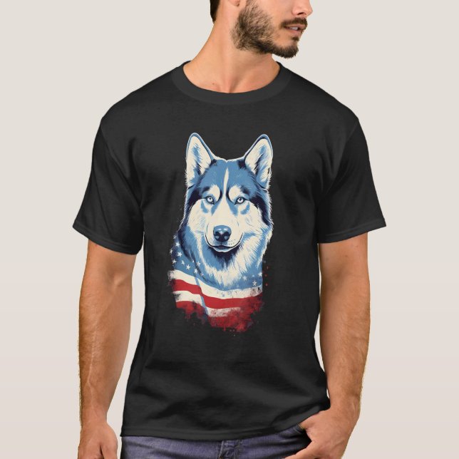 4th Of July US Flag Siberian Husky Dog T-Shirt (Front)