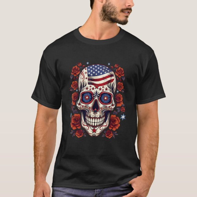 4th Of July US Flag Sugar Skull T-Shirt (Front)