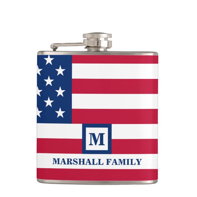 4th Of July USA American Flag Customised Monogram Hip Flask (Front)