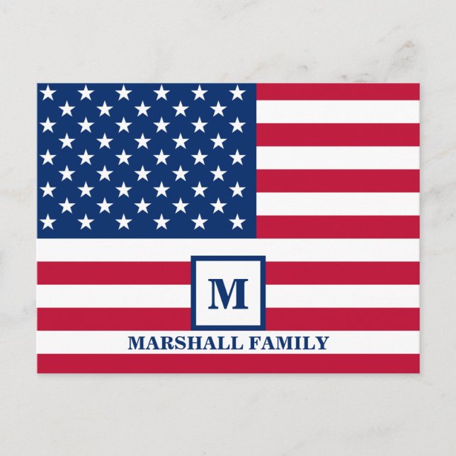 4th Of July USA American Flag Customised Monogram Postcard (Front)