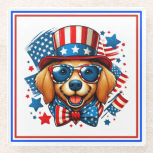 4th of July USA Patriotic Dog Independence Day Glass Coaster