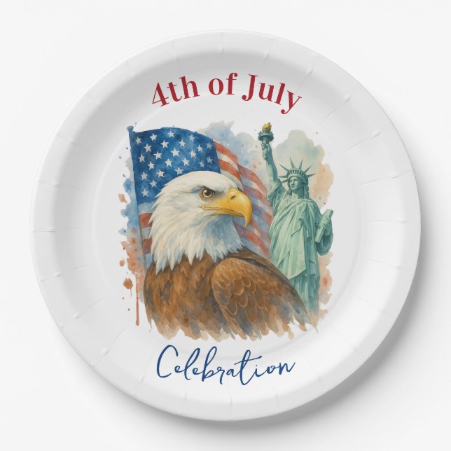 4th Of July watercolor Eagle Patriotic Party Paper Plate (Front)