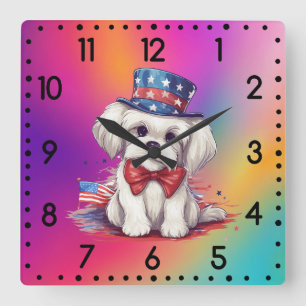 4th of July White Cute Puppy Dog-43568 Square Wall Clock