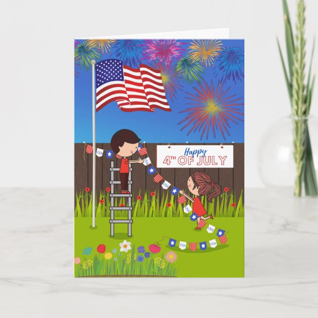 4th of July with Couple Decorating Backyard Card (Front)