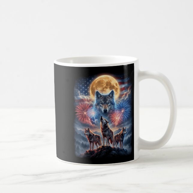 4th of July Wolf Howling at Moon Fireworks USA Coffee Mug (Right)