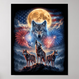 4th of July Wolf Howling at Moon Fireworks USA Poster