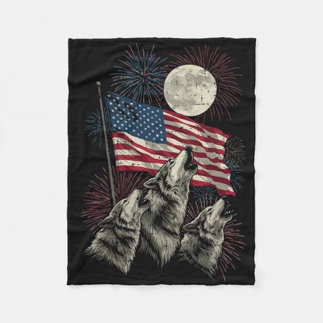 4th Of July Wolves Moon Meme Funny Usa Flag Men Wo Fleece Blanket (Front)