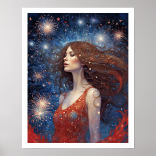 4th of July Woman in Red Fireworks Art Poster
