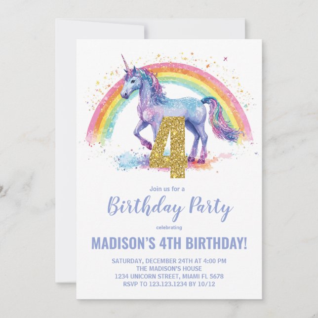 4th Rainbow Unicorn Birthday Invitations (Front)