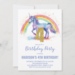 4th Rainbow Unicorn Birthday Invitations