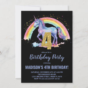 4th Rainbow Unicorn Birthday Invitations