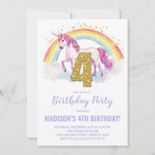 4th Rainbow Unicorn Birthday Invitations