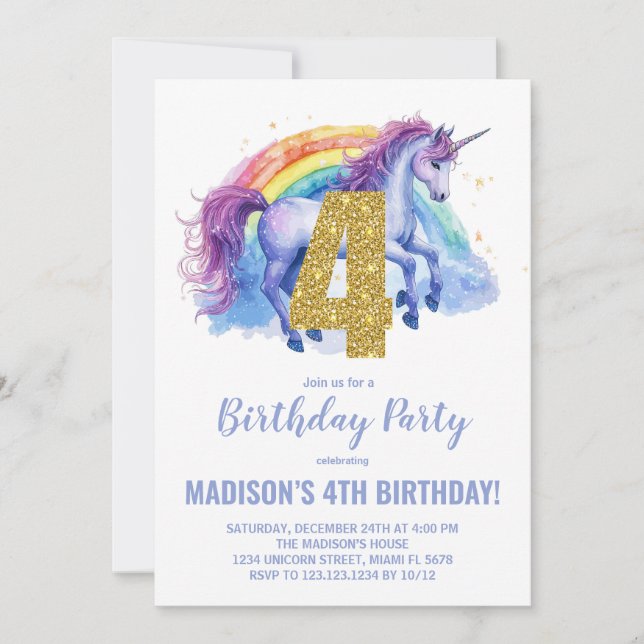 4th Rainbow Unicorn Birthday Invitations (Front)