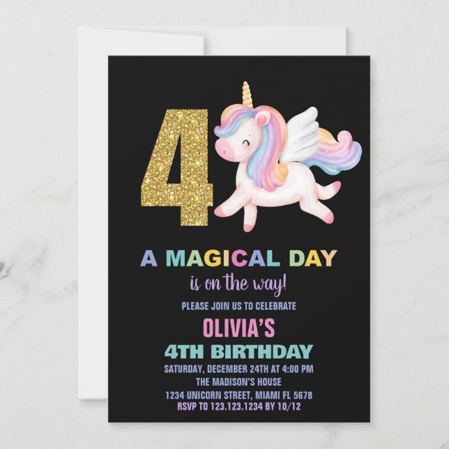 4th Rainbow Unicorn Birthday Invitations Black (Front)