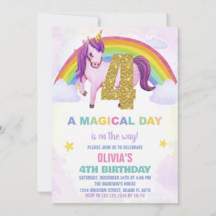 4th Rainbow Unicorn Birthday Invitations Cloud