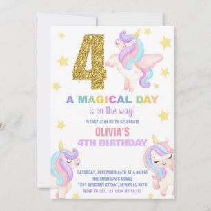 4th Rainbow Unicorn Birthday Invitations Fly