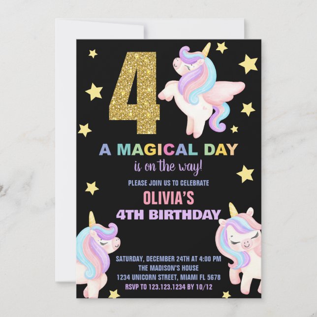 4th Rainbow Unicorn Birthday Invitations Fly (Front)