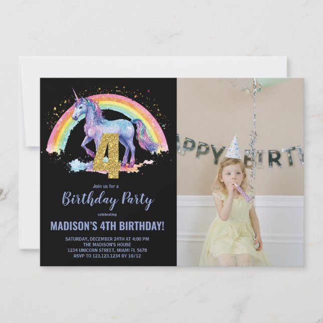 4th Rainbow Unicorn Birthday Invitations photo (Front)