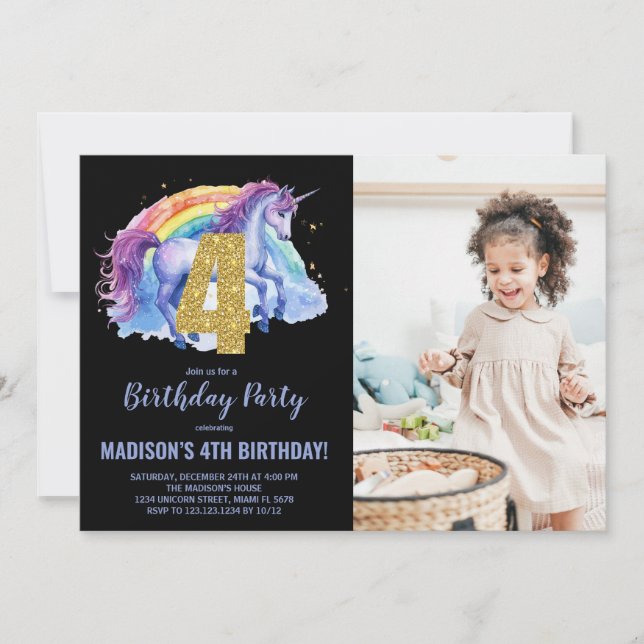 4th Rainbow Unicorn Birthday Invitations photo (Front)