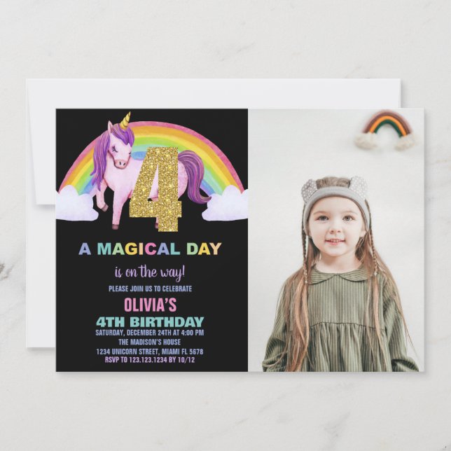 4th Rainbow Unicorn Birthday Invitations photo (Front)