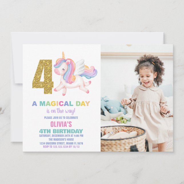 4th Rainbow Unicorn Birthday Invitations w photo (Front)