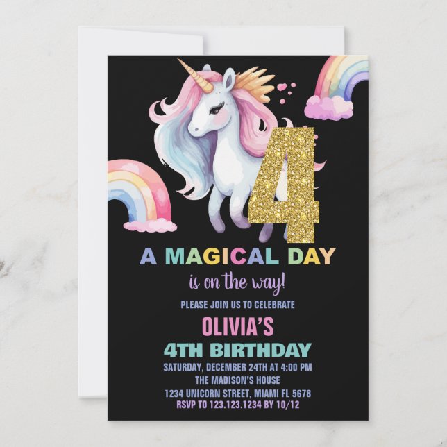 4th Rainbow Unicorn Birthday Invitations watercolo (Front)