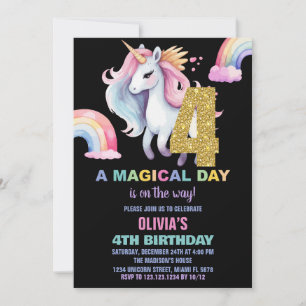 4th Rainbow Unicorn Birthday Invitations watercolo