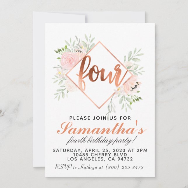 4th Rose Gold Birthday Invitation (Front)