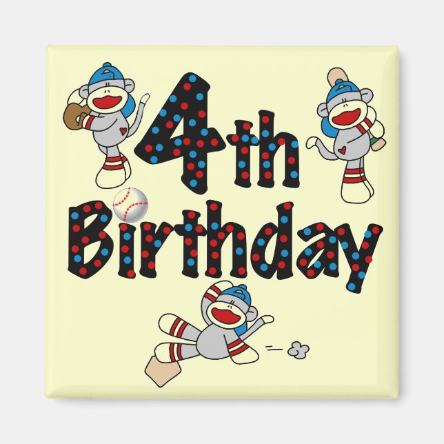 4th Sock Monkey Baseball Birthday Magnet (Front)