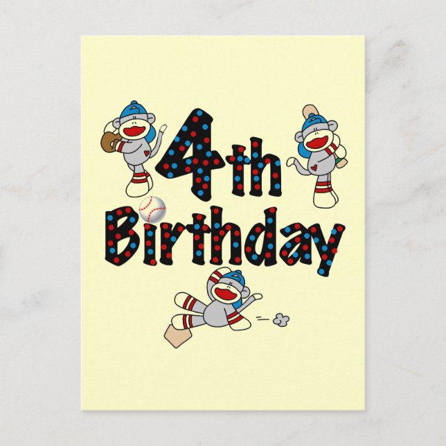4th Sock Monkey Baseball Birthday Postcard (Front)