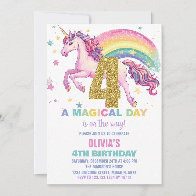 4th Unicorn Birthday Invitations (Front)