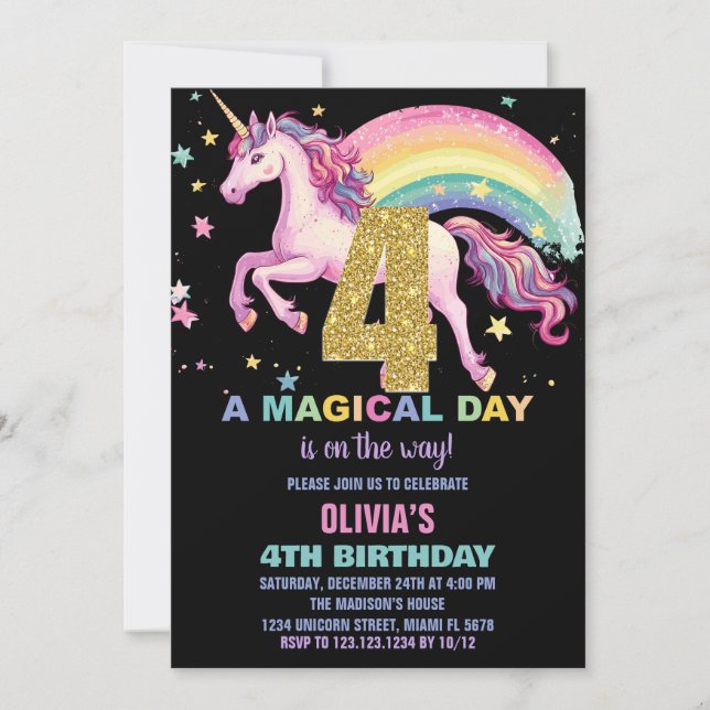4th Unicorn Birthday Invitations Black (Front)
