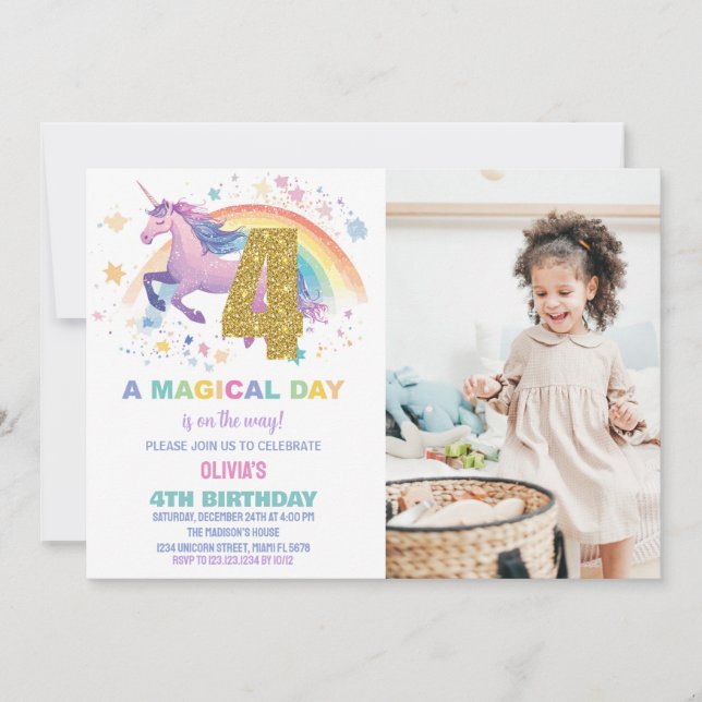 4th Unicorn Birthday Invitations with photo (Front)
